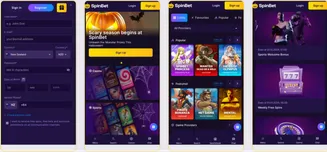 SpinBet mobile interface – register, play casino games, bet on sports, and claim bonuses SpinBet mobile app UI showing registration, casino games, sports betting, and bonus promotions
